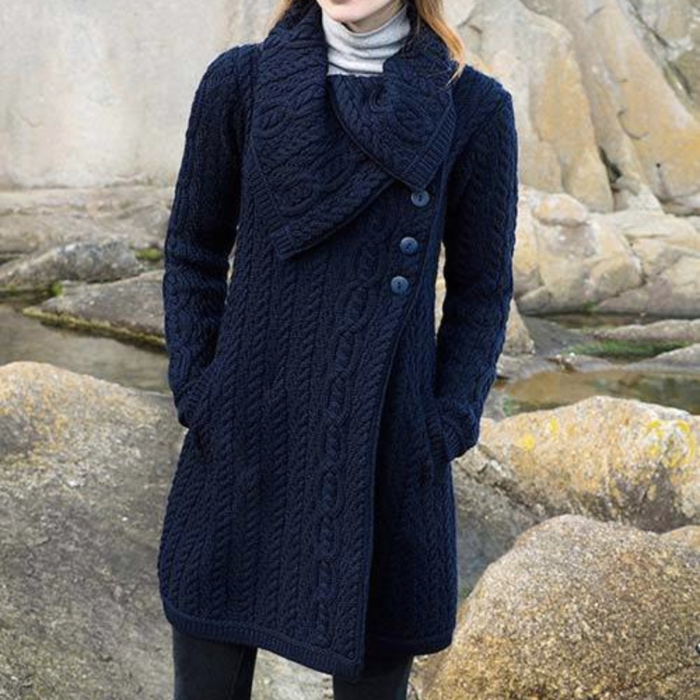 Aran Crafts Ireland Navy Merino Wool Button Knit Sweater Cardigan Women’s Small